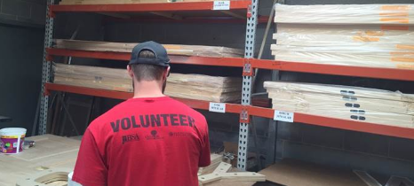 Wood doors racked in the RSM warehouse